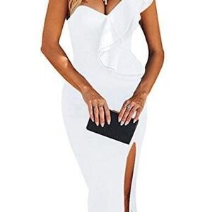 Women's White One Shoulder Formal Dress with Side Slit
